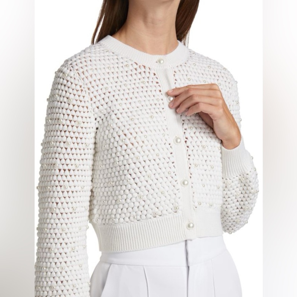 Alice + Olivia Women’s XS Kitty Crochet Faux Pearl 100% Wool Cardigan